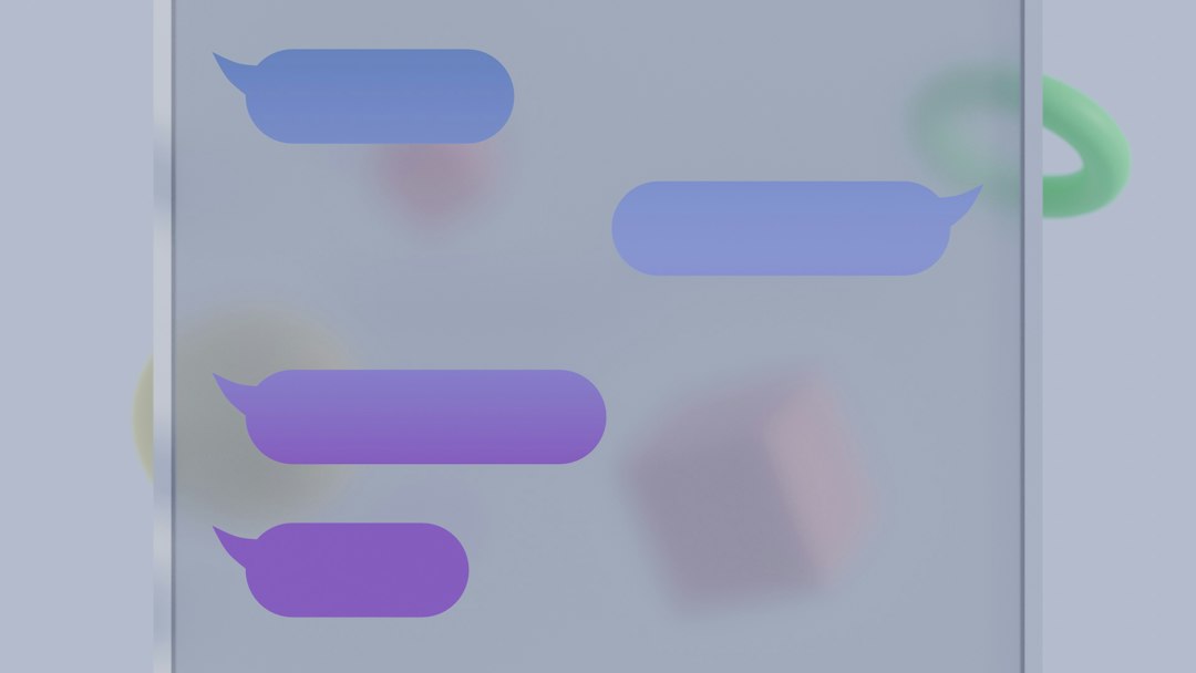 Catro bocadillos de conversación roxos sobre unha pantalla translúcida