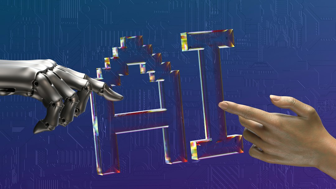Man robótica e man humana achegándose a un texto sobre intelixencia artificial